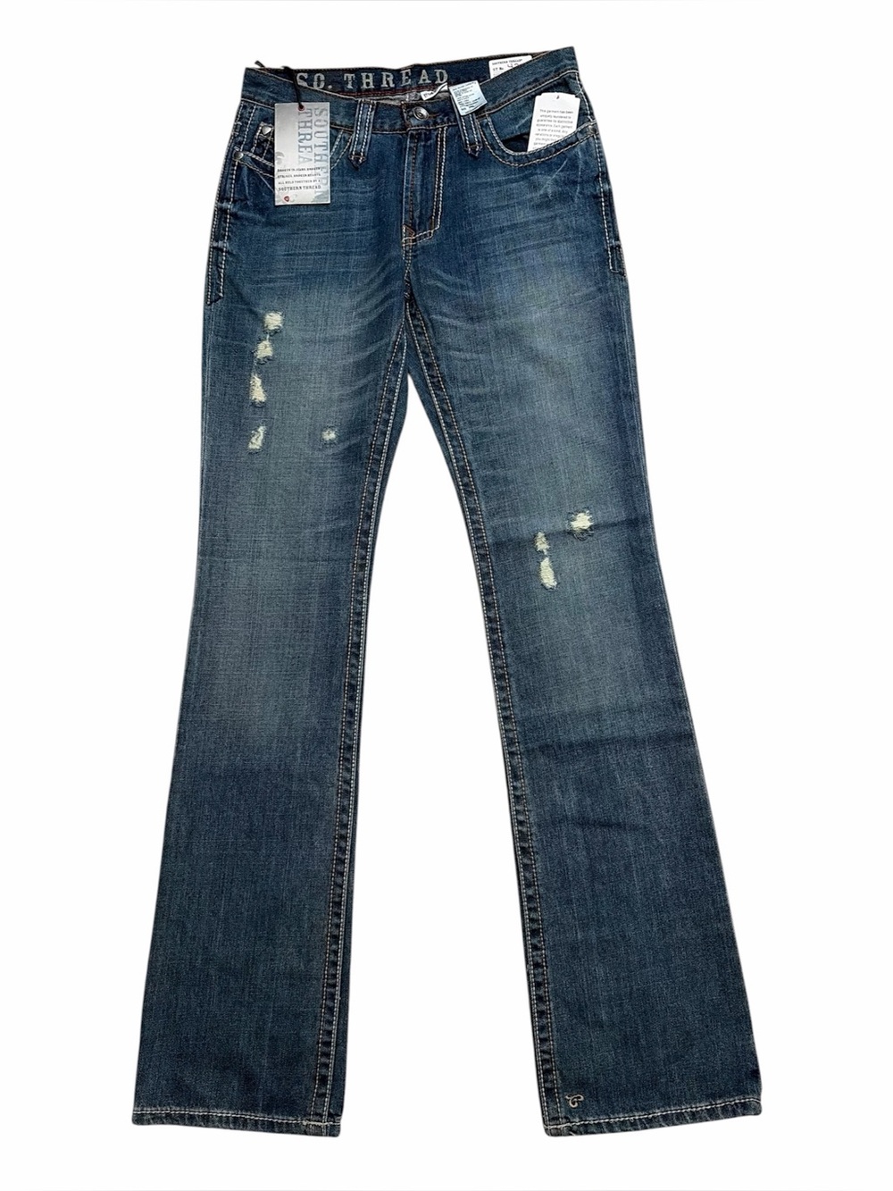 SOUTHERN THREAD NWT Medium Wash Distressed Slim Fit Bootcut Jeans 29 XLong